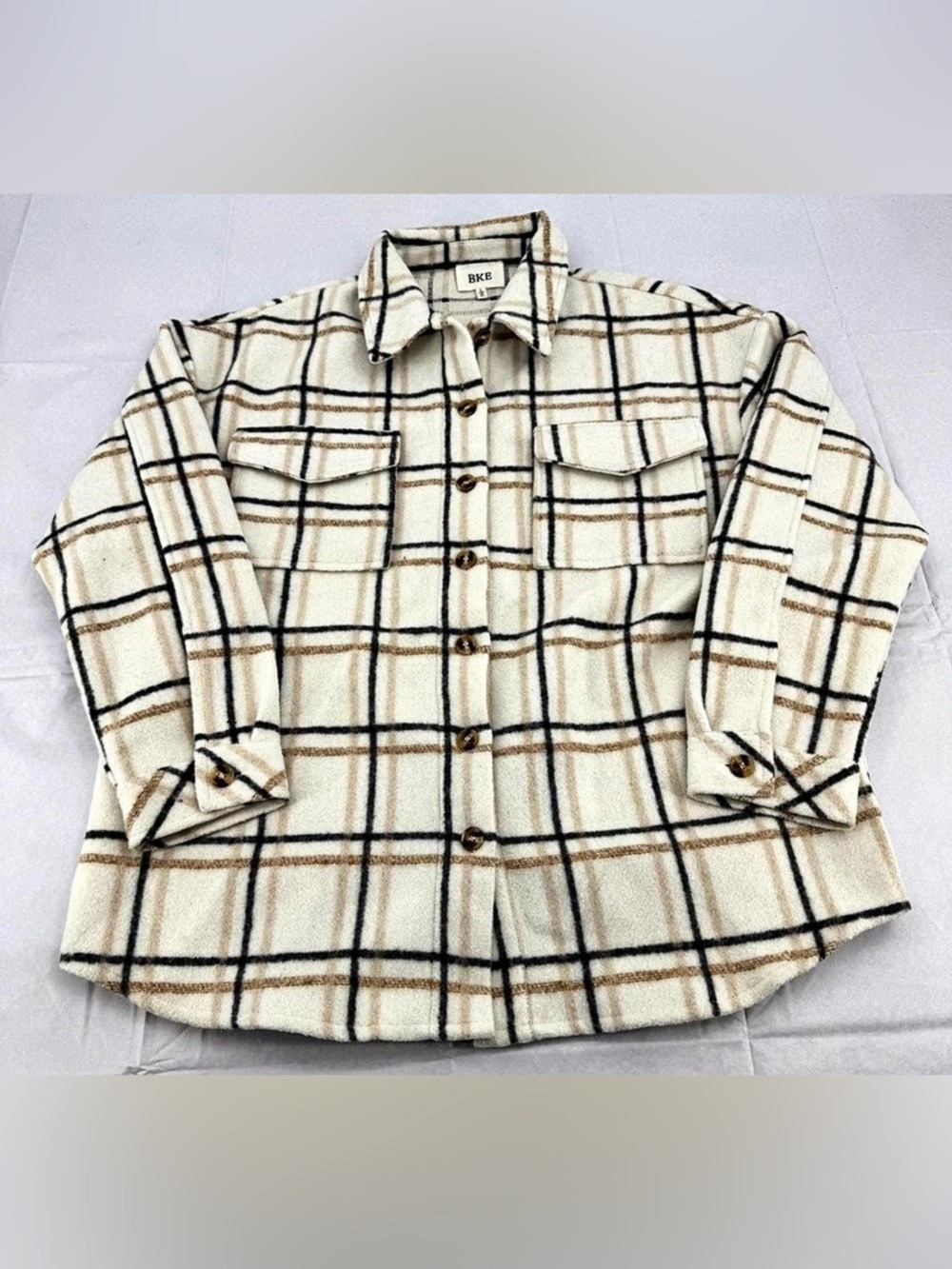 BKE Plaid Shirt Jacket in Cream & Brown Size Large